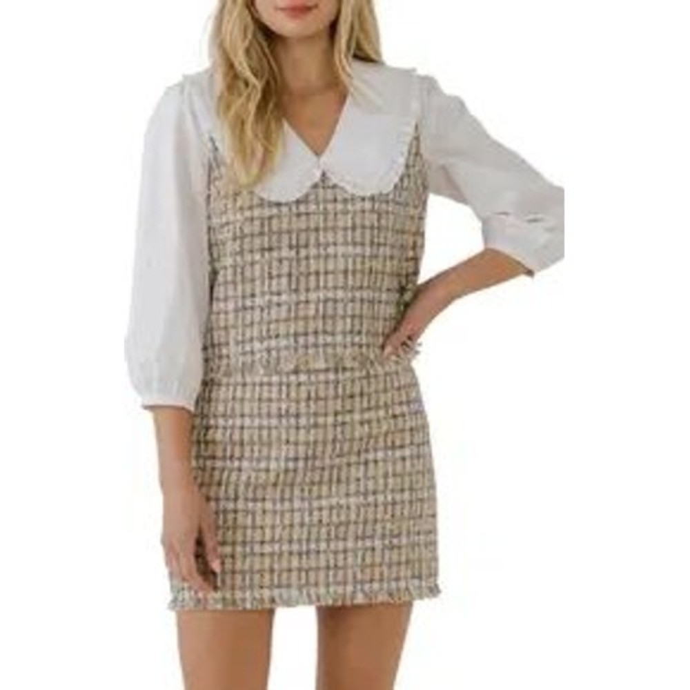 English Factory Tweed Plaid Peter Pan Collar Layered Top Tan Blue Multi Size L
